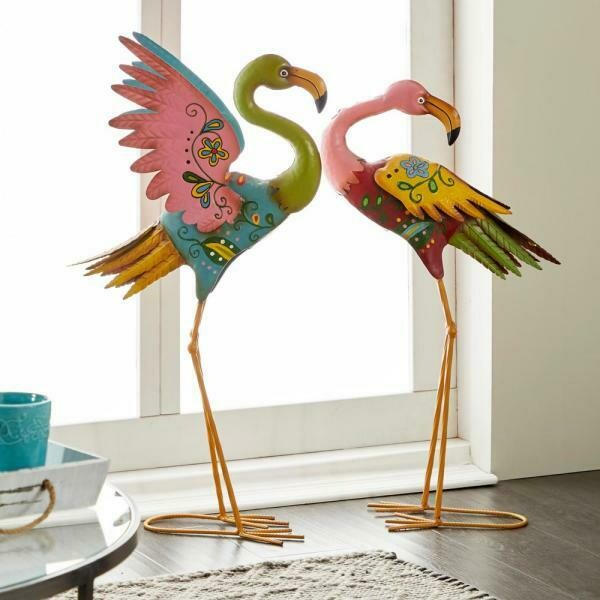 Metal Flamingo Sculptures in Pastel Colors (Set of 2)