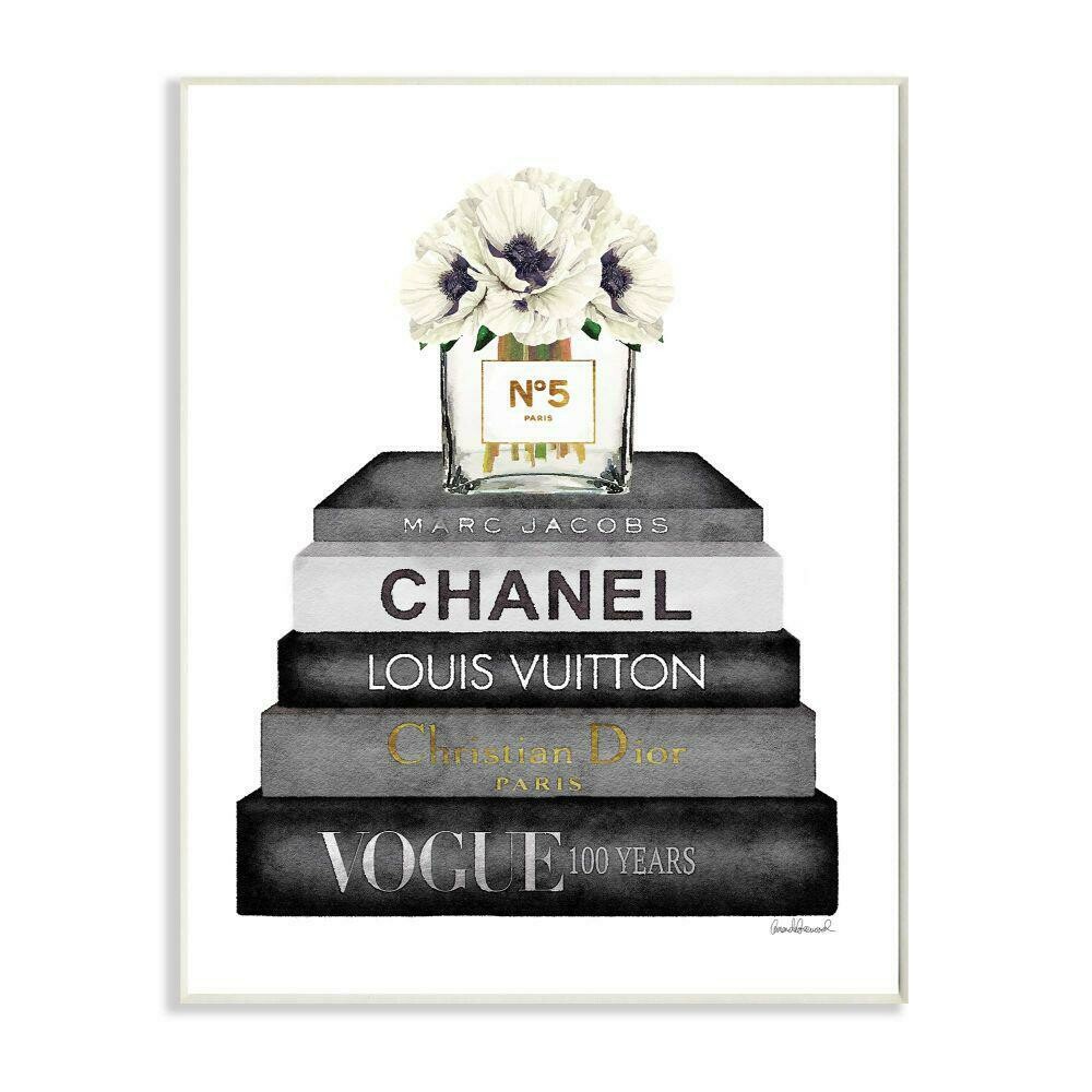 &quot;Fashion Designer Flower Bookstack Black And White Watercolor&quot;by Amanda Greenwood Wood Wall Art 15 in. x 10 in.