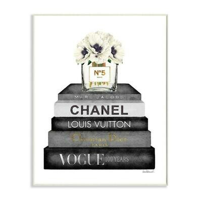 &quot;Fashion Designer Flower Bookstack Black And White Watercolor&quot;by Amanda Greenwood Wood Wall Art 15 in. x 10 in.
