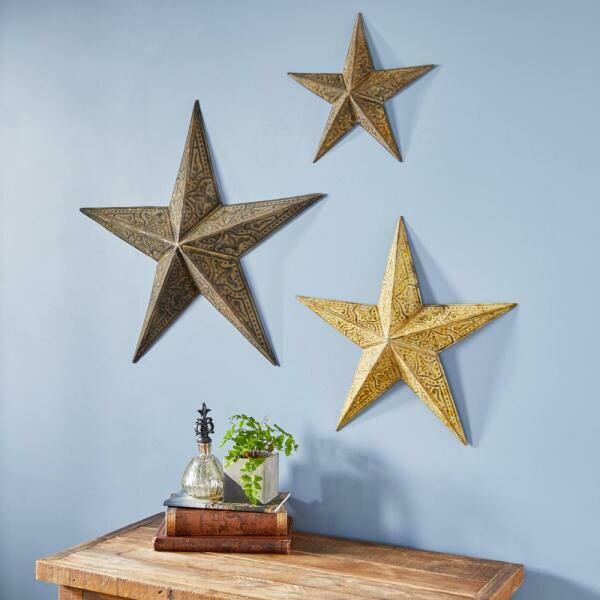 Large: 24 in., Medium: 18 in., Small: 13 in. Farmhouse Iron 3-Dimensional Barn Star Wall Sculpture (3-Pack)