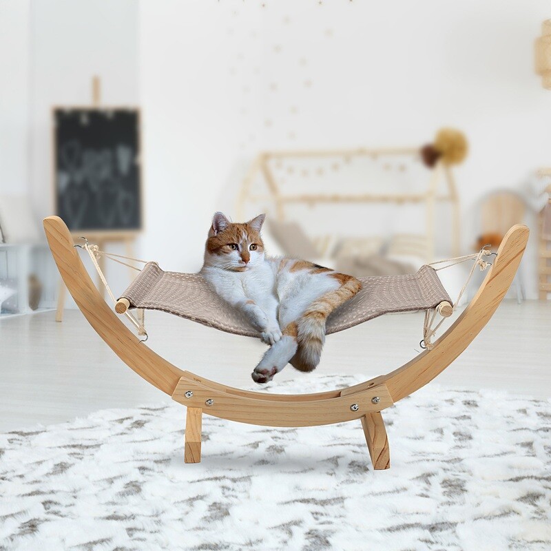 Cat Hammock Bed Pet Hanging Bed with Solid Wood Stand Heavy Duty Pet Perch for Kitty Sleeping and Playing