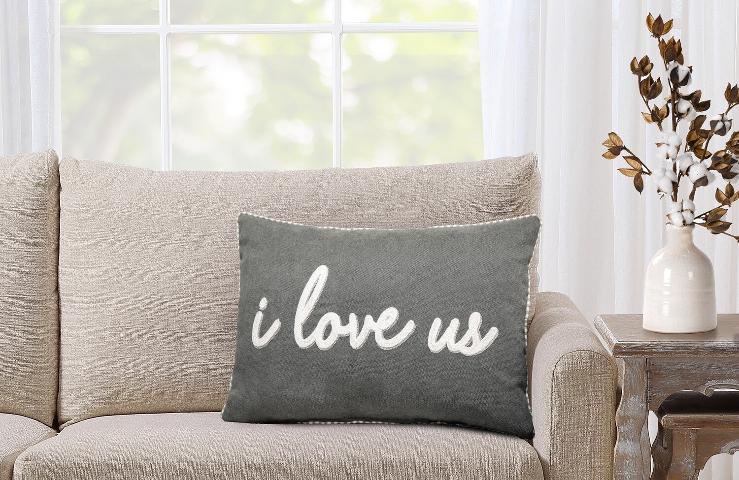 Decorative Throw Pillow, I Love Us Sentiment Chenille, Oblong, Grey, 14&quot; x 20&quot;, 1Pack