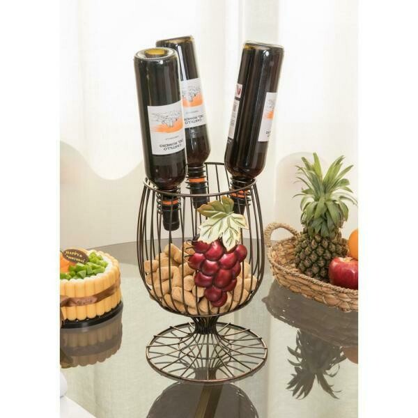 Vintage Decorative Metal Wire Goblet Shaped Freestanding Wine Bottle and Cork Holder
