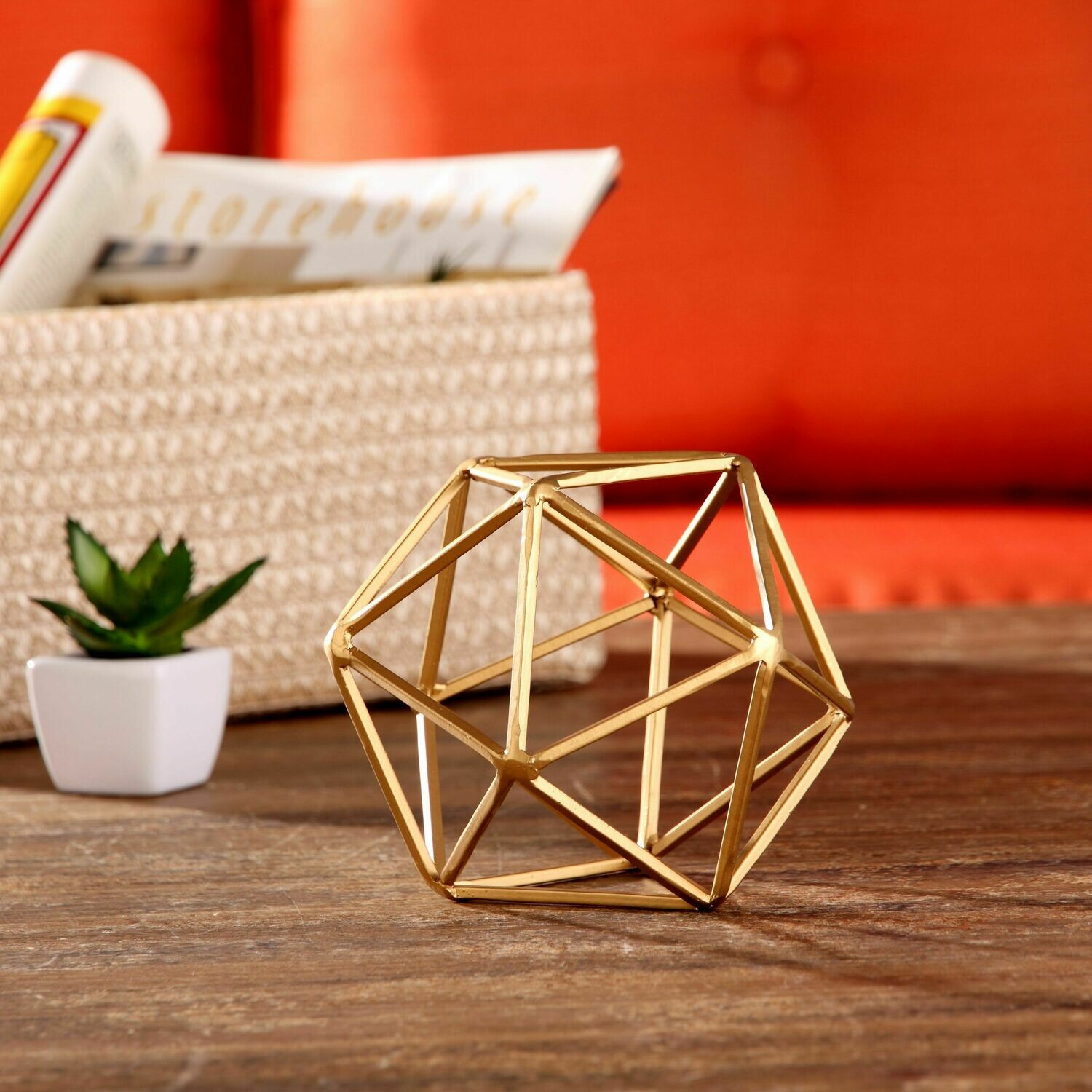 5"W x 6"H Icosahedron Iron Geometric Tabletop Sculpture, Medium, Gold, 1 Piece