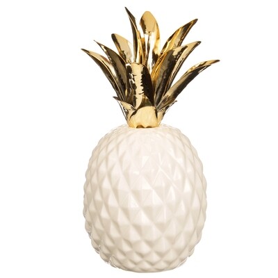 Decorative Ceramic Pineapple, White and Gold