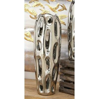 21 in. Sunken Oval Lacquered Silver Ceramic Decorative Vase