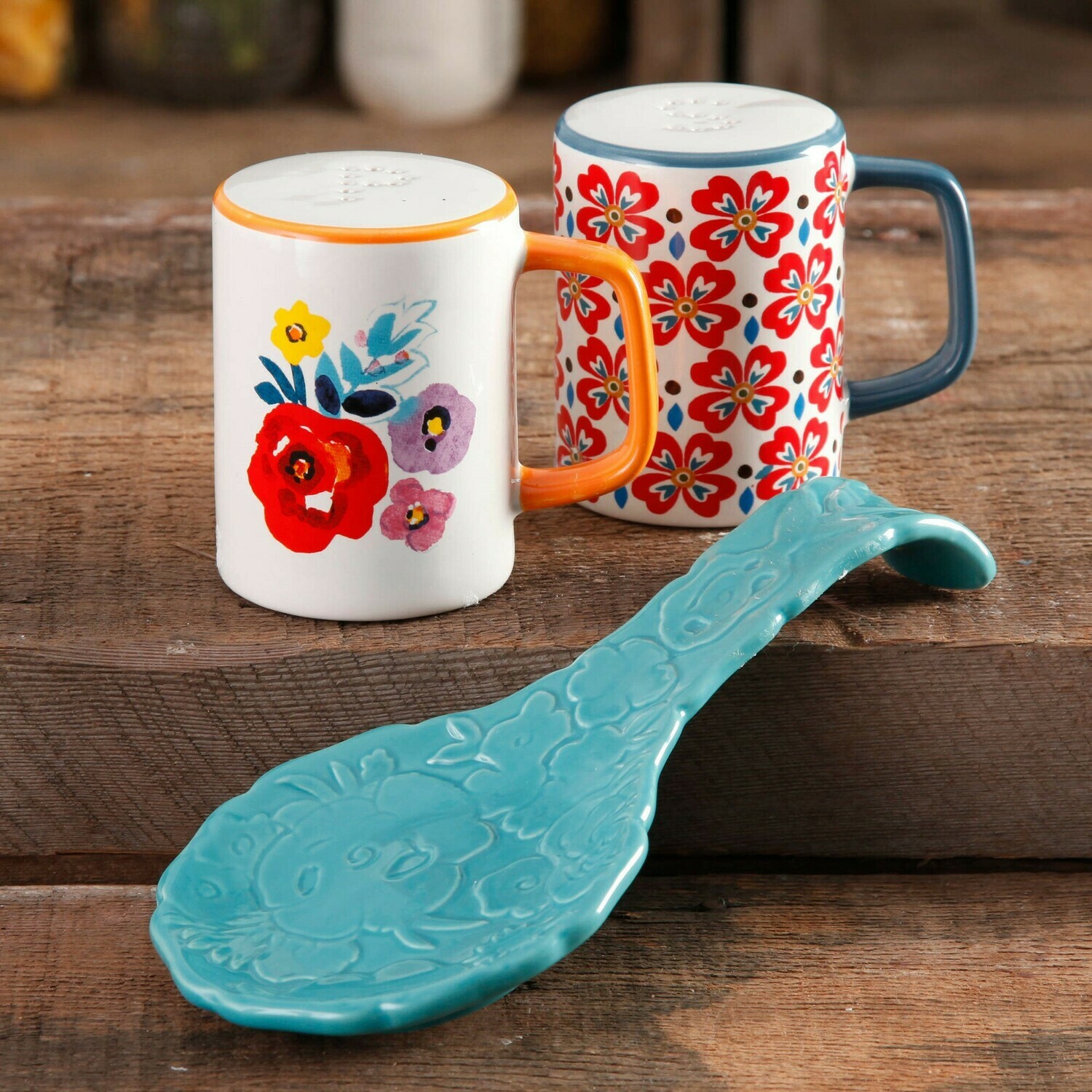 Flea Market Floral Spoon Rest and Salt &amp; Pepper Shaker Set, Turquoise
