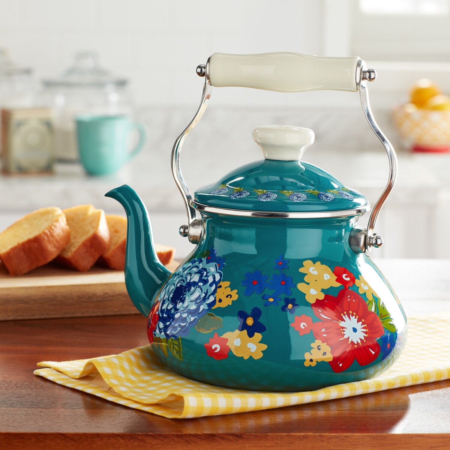 Dazzling Dahlias 2 Quart Tea Kettle, Teal