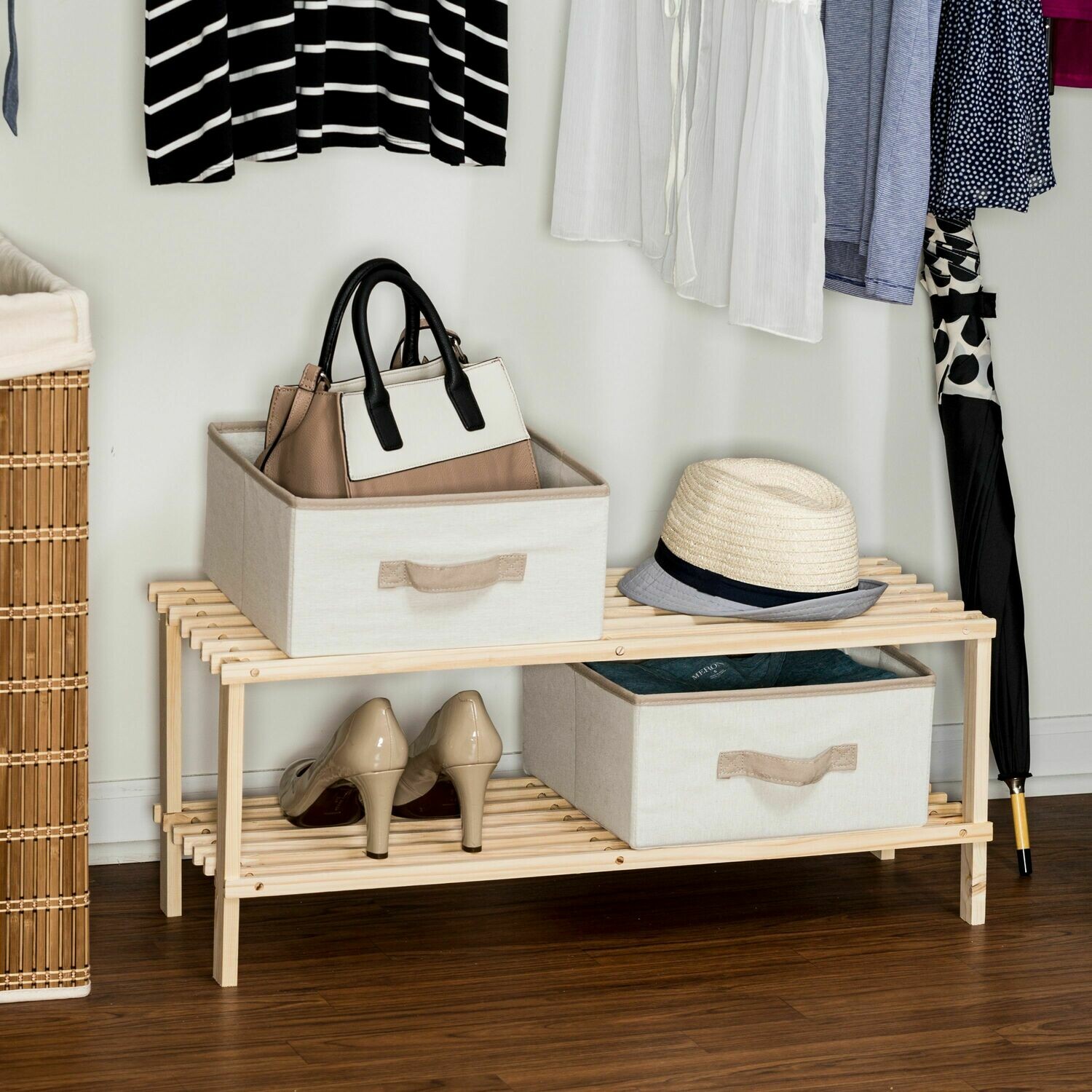 Honey Can Do 2-Tier Unfinished Natural Wood Shoe Rack