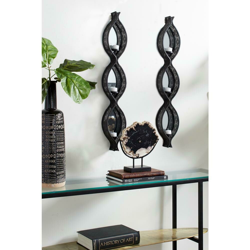 Eclectic Ellipse-Shaped Black Mesh Metal Wall Sconces with Mirrors, Set of 2