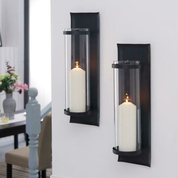 Algarve 16 in. Black Pillar Candle Sconces (Set of 2)