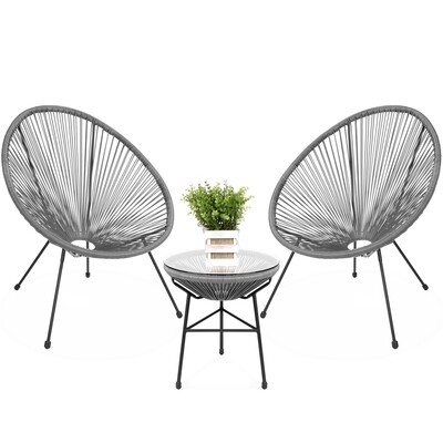 3-Piece All-Weather Patio Acapulco Bistro Furniture Set w/ Rope, Glass Top Table - Gray