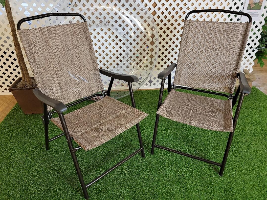 Set of 2 Patio Folding Sling Back Chairs Camping Outdoor Garden Pool Beach Biege