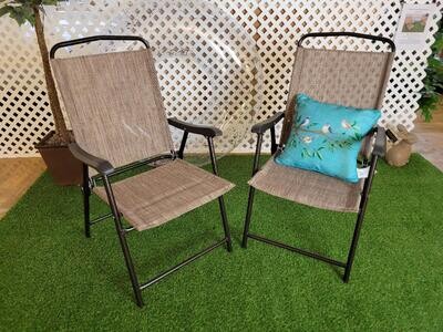 Set of 2 Patio Folding Sling Back Chairs Camping Outdoor Garden Pool Beach Biege