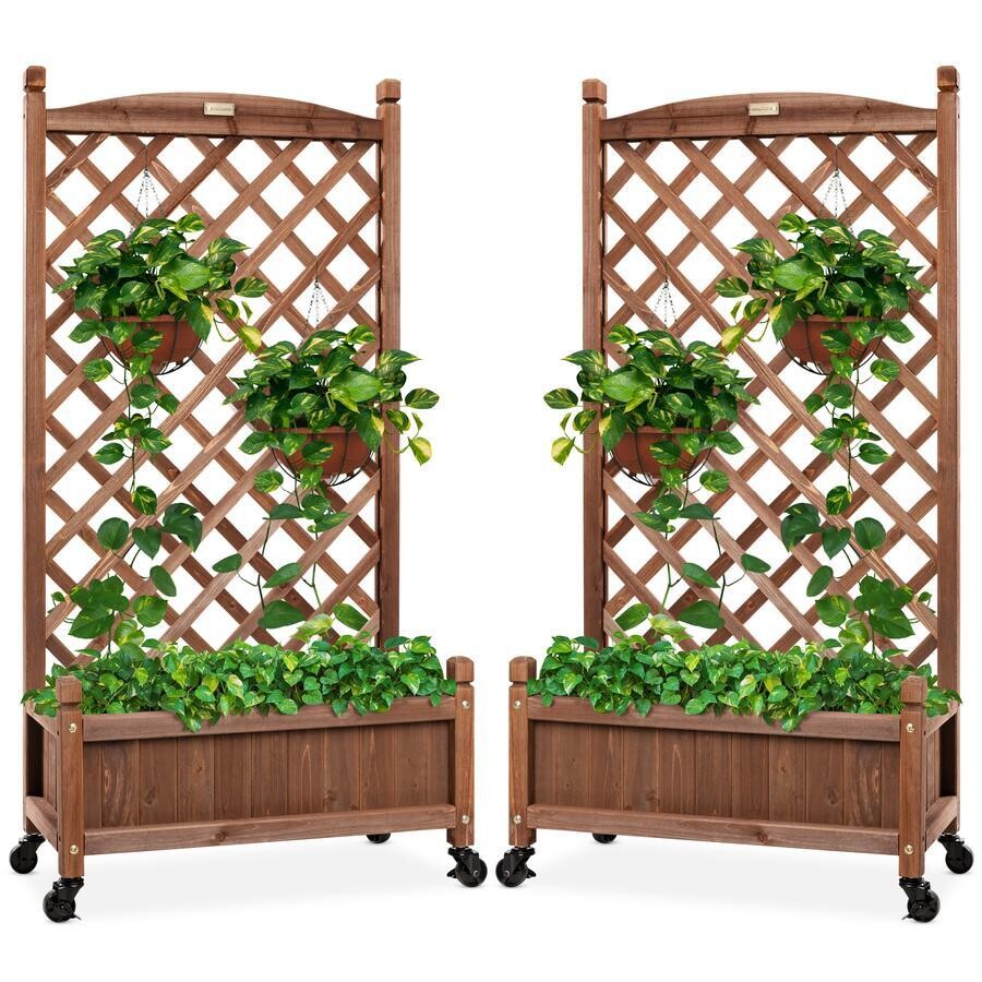 Set of 2 Wood Planter Box &amp; Lattice Trellis w/ Optional Wheels - 48in