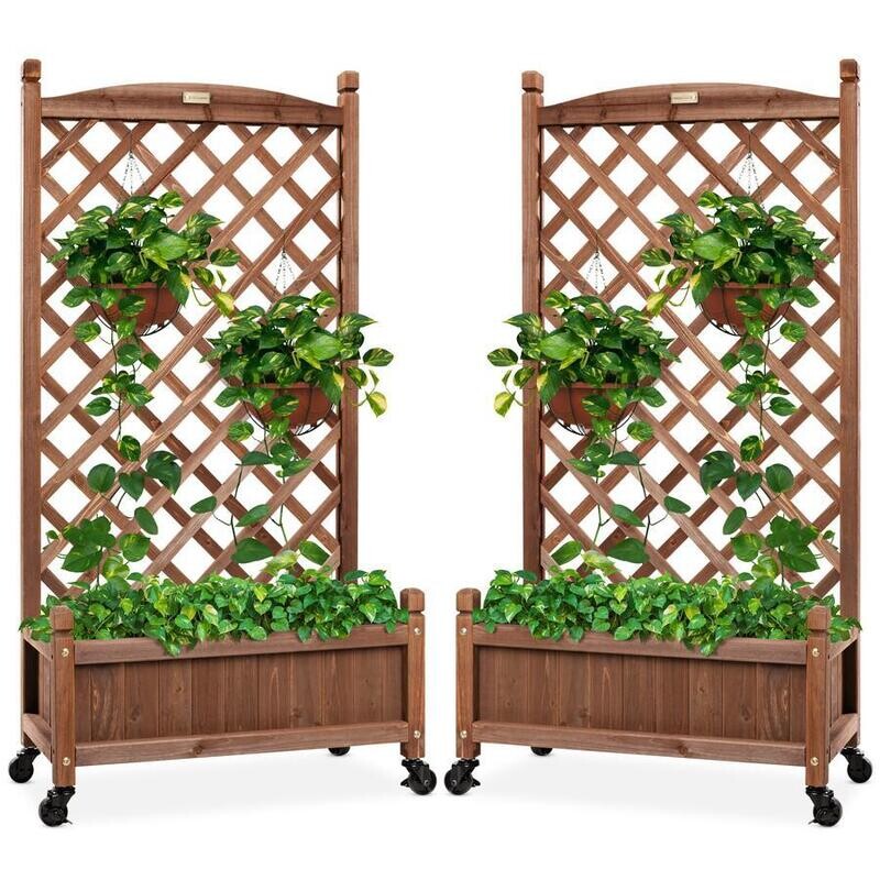 Set of 2 Wood Planter Box &amp; Lattice Trellis w/ Optional Wheels - 48in