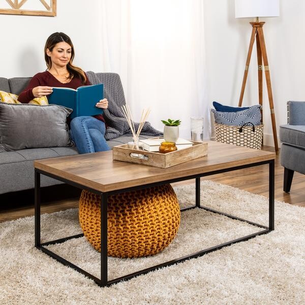 44in Modern Industrial Rectangular Wood Grain Coffee Table w/ Metal Frame