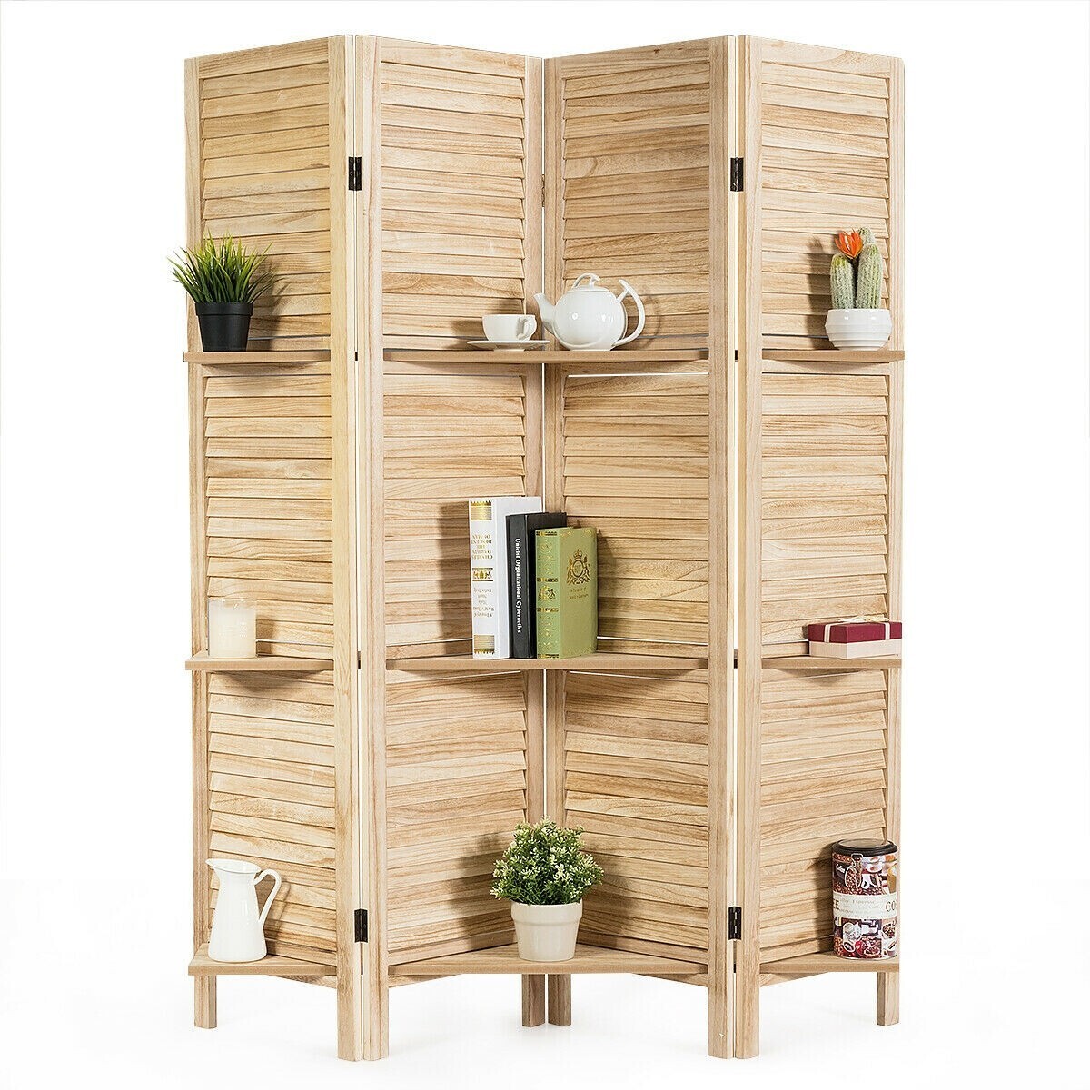 Nice 4 Panel Freestanding Folding Hinged Room Divider /w 3 Display Shelves