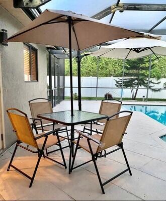 Gorgeous Tan outdoor 6 piece patio set with umbrella