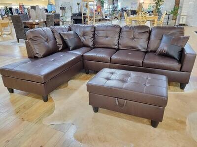 Brown Faux Leather 3-Seater Chaise Sectional Sofa with Ottoman