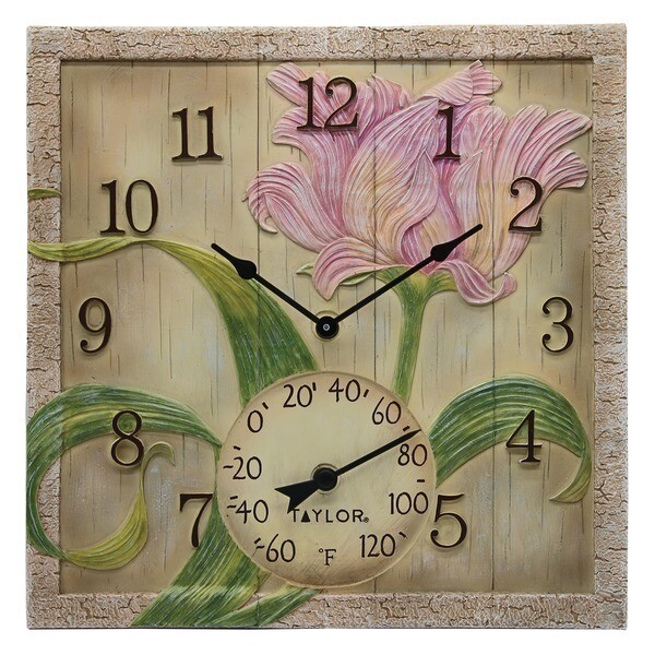 Taylor Precision Products 14-inch X 14-inch Beachwood Flower Clock With Thermometer (pack of 1 Ea)