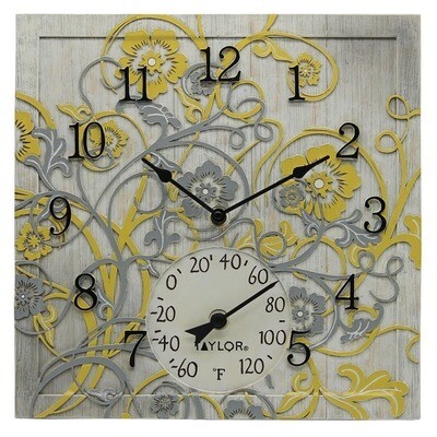 Taylor Precision Products 14-inch X 14-inch Beachwood Clock With Thermometer (pack of 1 Ea)