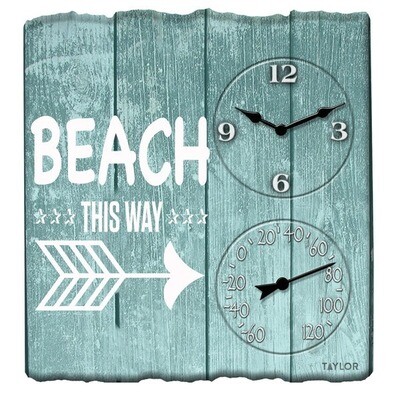 Taylor Precision Products 14-inch X 14-inch Beach This Way Clock With Thermometer (pack of 1 Ea)