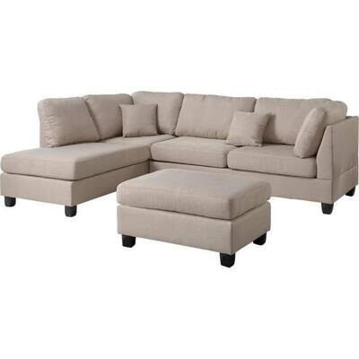 Sand Polyester 6-Seater L-Shaped Reversible Sectional Sofa with Ottoman