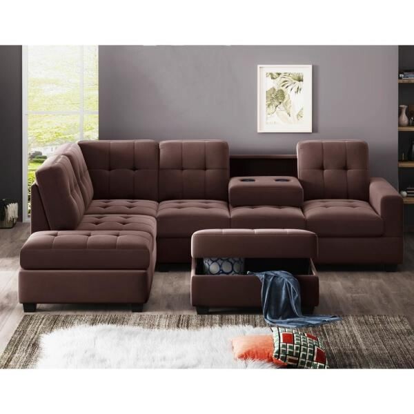 3-Piece Brown Suede 5-Seats L-Shape Reversible Sectionals Sofa with Chaise Lounge Storage Ottoman and Cup Holders