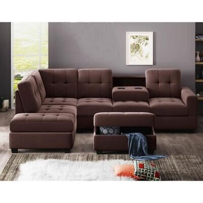 3-Piece Brown Suede 5-Seats L-Shape Reversible Sectionals Sofa with Chaise Lounge Storage Ottoman and Cup Holders