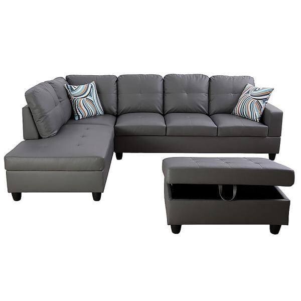 Living-3-Piece-Gray-Faux Leather-6 Seats-L-Shaped-Left Facing-Sectionals