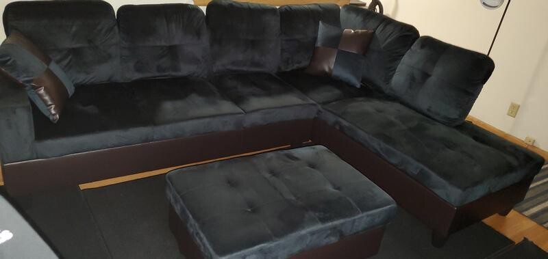Midnight Blue Microfiber and Faux Leather Left Chaise Sectional with Storage Ottoman