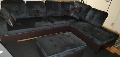Midnight Blue Microfiber and Faux Leather Left Chaise Sectional with Storage Ottoman