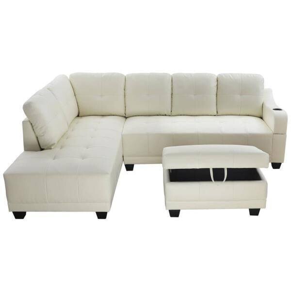 3-Piece Off-White Faux Leather 3-Seater L-Shaped Left-Facing Sectional Sofa with Ottoman