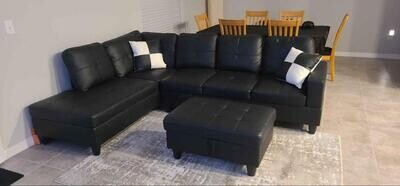 Black Right Facing Faux Leather Chaise Sectional Sofa with Storage Ottoman