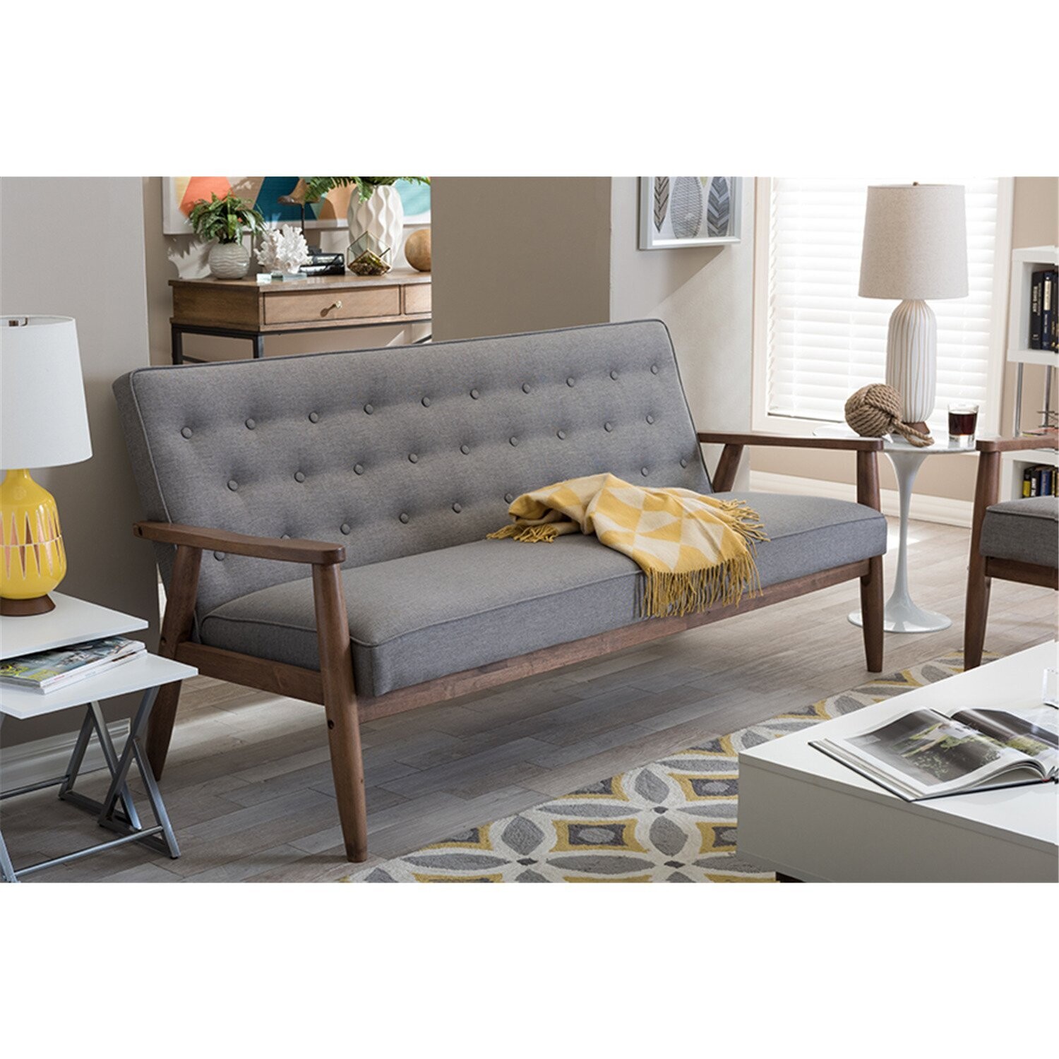 Baxton Studio Sorrento Retro Modern 3-Seater Sofa-Color Grey