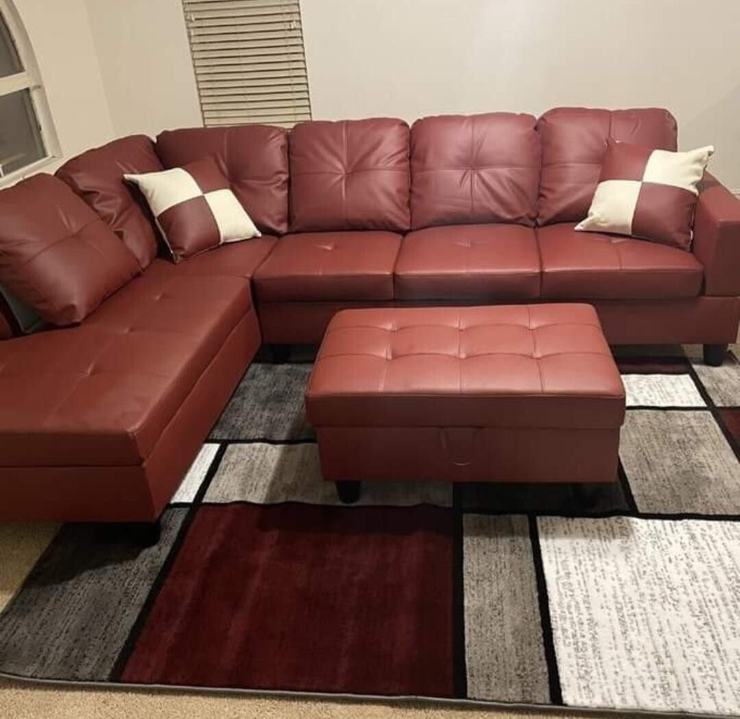 Red Right-Facing Chaise Sectional Sofa with Ottoman