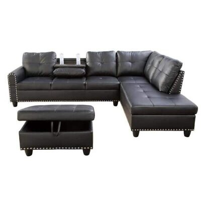 Black Faux Leather 6 Seats L Shaped Left Facing Sectional