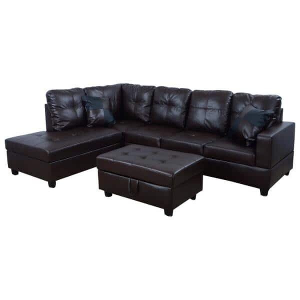 Brown Left Facing Chaise Sectional Sofa with Storage Ottoman