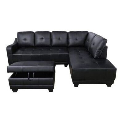3-Piece Black Faux Leather 3-Seater L-Shaped Sectional Sofa with Ottoman