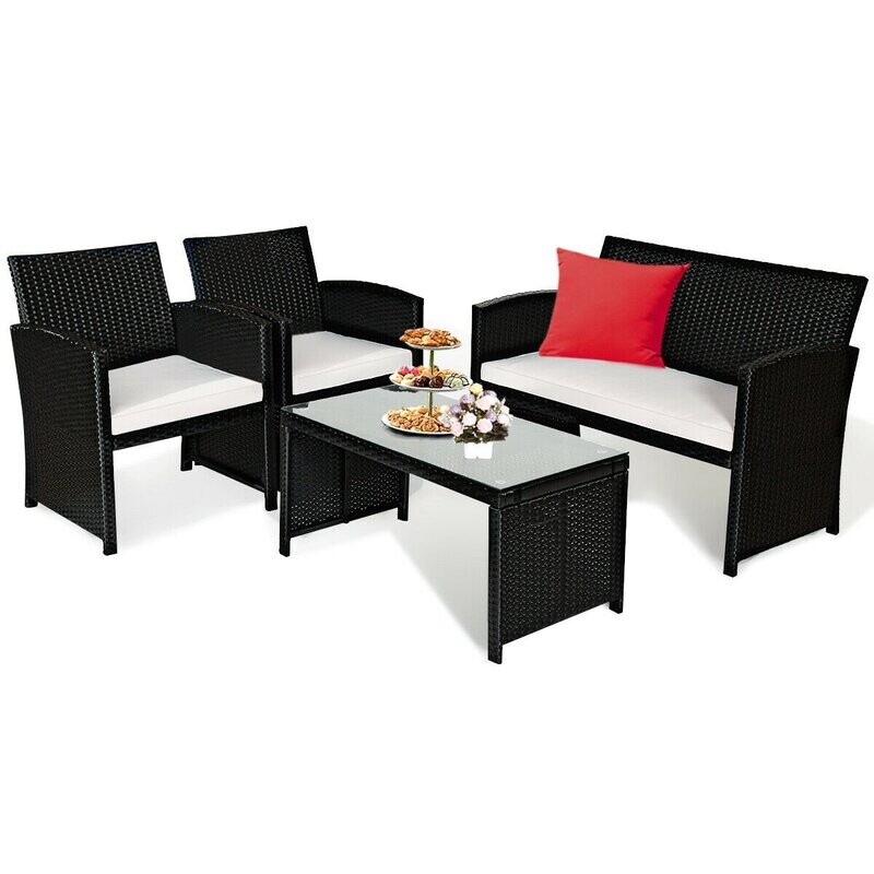4-Piece Wicker Rattan Patio Conversation Set Chair with Beige Cushions