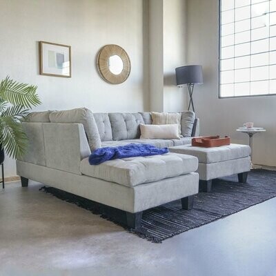 Microfiber Sectional Sofa &amp; Ottoman Set Left Chaise Tufted Medium Firm Foam Grey
