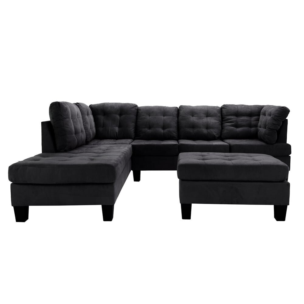 Microfiber Sectional Sofa &amp; Ottoman Set Left Chaise Tufted Medium Firm Foam Black