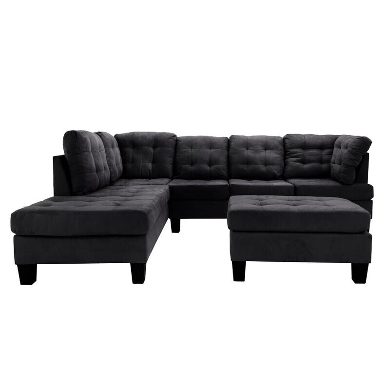 Microfiber Sectional Sofa &amp; Ottoman Set Left Chaise Tufted Medium Firm Foam Black