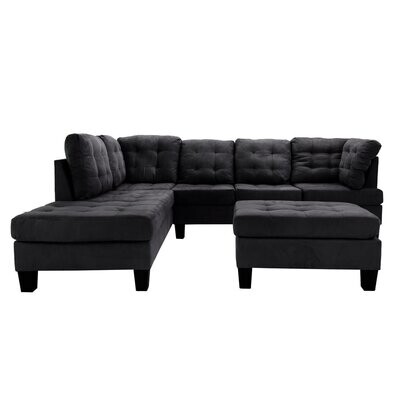 Microfiber Sectional Sofa &amp; Ottoman Set Left Chaise Tufted Medium Firm Foam Black