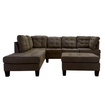 Microfiber Sectional Sofa &amp; Ottoman Set Left Chaise Tufted Medium Firm Foam Brown
