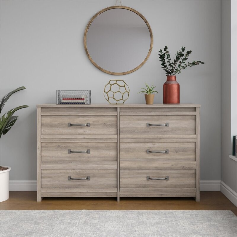 Rustic Ranch 6 Drawer Dresser, Gray Oak