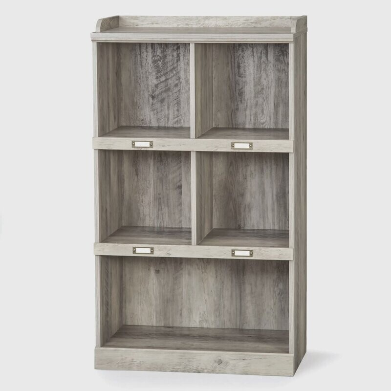 Modern Farmhouse 5-Cube Organizer Bookcase with Name Plates, Rustic Gray