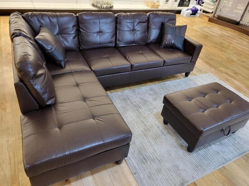 L-Shaped Set with Storage Ottoman and 2 Pillows ,Convertible Sectional Sofa, Chaise, Brown