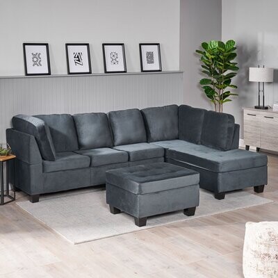 Victoria Residential Use 3 Piece Fabric Sectional Sofa Set, Charcoal